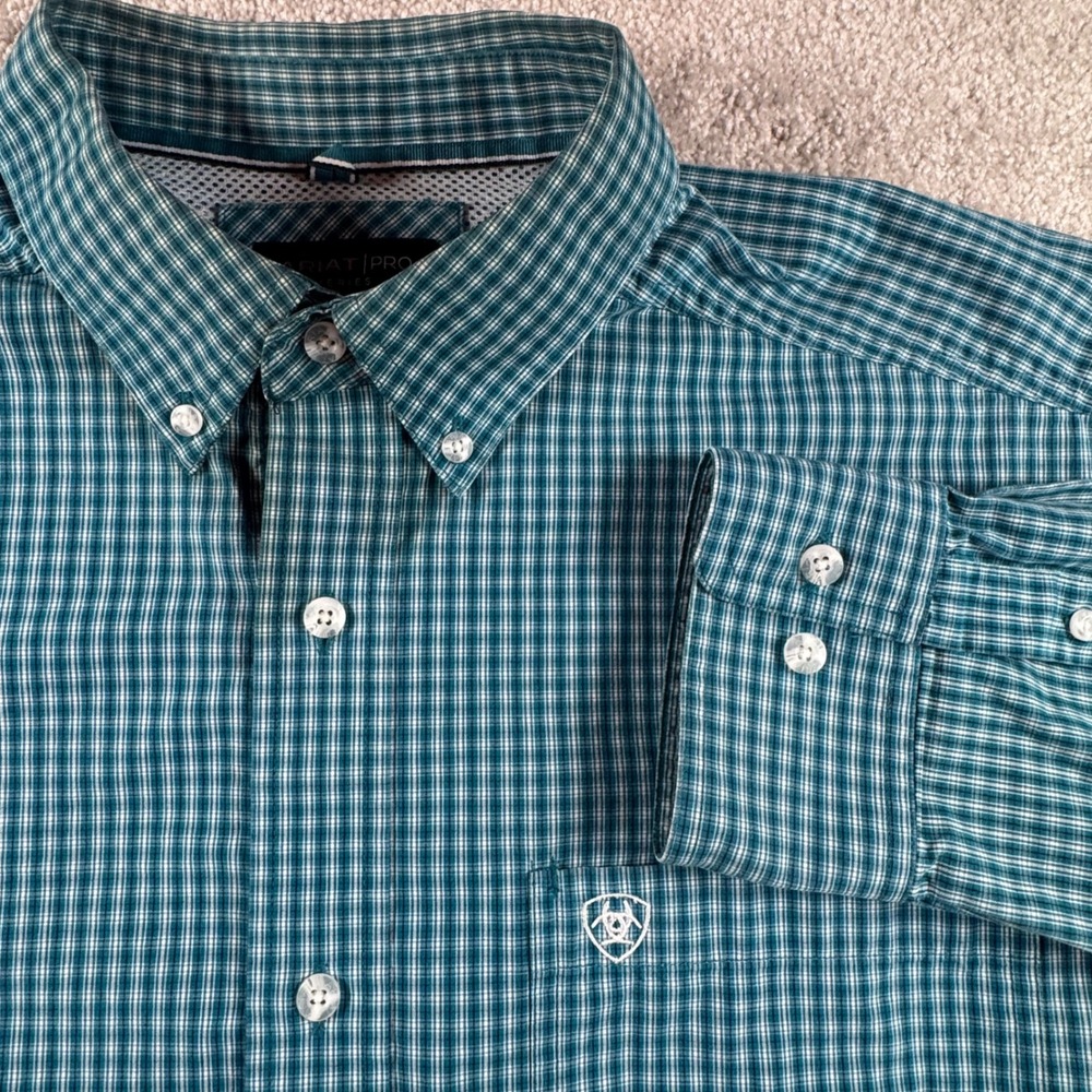 Ariat Pro Series Men XL Teal Gingham Plaid Button Down Western Shirt Long Sleeve